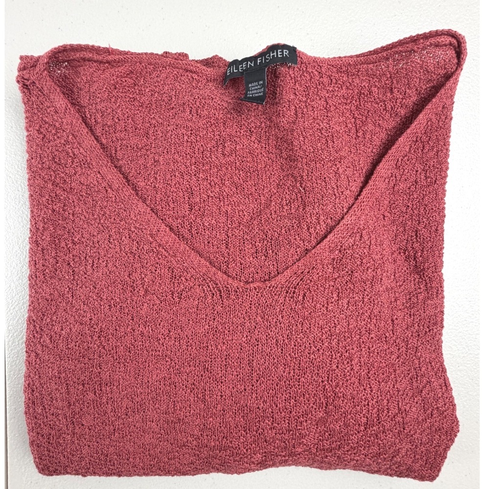 Eileen Fisher Organic Linen V-Neck Sweater Terracotta Red Medium F16GLE - Picture 6 of 6
